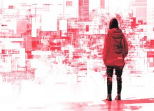 girl in red jacket abstract